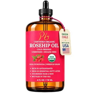 Pomberries Organic Rosehip Oil for Face, Skin & Hair 4 fl oz Glass Bottle