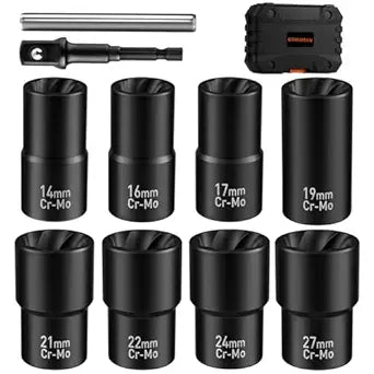 GIREORAN Wheel Lock Removal Kit, 10 Piece Lug Nut Remover, 1/2-Inch-Drive Impact Easy Out Bolt Extractor Socket Set for Removing Damaged, Frozen, Rusted, Rounded-Off Bolts, Nuts & Screws