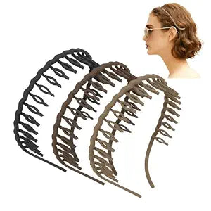 CIEHER 3 Pcs Plastic Hair Bands with Teeth Flex No Pressure Headbands for Glasses Wearers Zig Zag Claw Comb Headbands - Black Brown Khaki