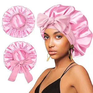 2Pcs Satin Silk Hair Bonnet for Sleeping Women,Large Bonnets with Elastic Wide Tie Band Silk Sleep Cap,Hair Wrap Night Cap with Adjustable Straps for Black Women Curly Hairs Jumbo Bonnet Braid - Pink