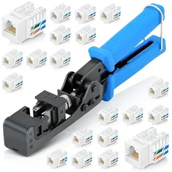 Everest easyJACK - 90 Angled Speed Termination Keystone Tool Set - with 20-Pack of RJ45 Cat6 Keystone Jacks in White (Slim Profile Design) - Time Saver Network Punch Down Tool Cat6