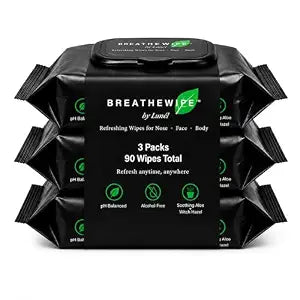 Breathewipe by Lunél Cooling Wipes for Face & Body – Menthol, Peppermint & Eucalyptus | XL Refreshing Wipes for Men & Women | Post-Gym, Travel & Hot Weather Refresh (3 Packs, 90 Count)