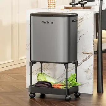 MRBIN Stainless Steel Tall Kitchen Trash Can with Shelf and Wheels, High Legs 36L / 9.5gal Press Top Narrow Waste Basket, Slim Lidded Litter Garbage Bin Pet Proof for Vanity, Bedroom, Eclipse Grey
