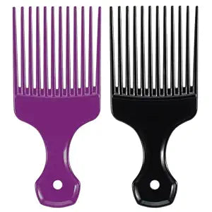 SIMPOR 2 Pcs Hair Pick Comb Wide Tooth Lift for Hair Styling Detangling, Plastic Afro Pick for Women Men, Fist Picks for Curly and Afro Hair (Purple, Black)