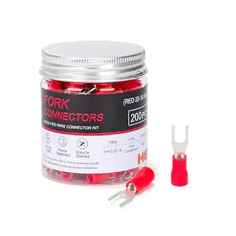 HKS 200PCS Insulated Fork Spade Wire Connectors - Red 22-16 AWG M5 Stud Size #6 - Tinned Red Copper - U-Type Electrical Crimp Terminals