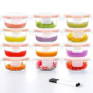 Luvan 7oz Glass Baby Food Containers, 12 Pack with Leakproof Lids, Stackable, Freezer Safe, Baby Bullet Containers for Fruit Purees and Vegetable Mashes