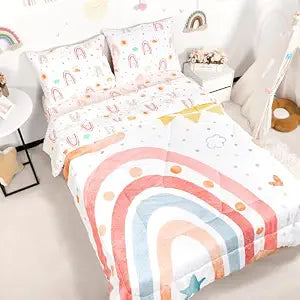 Twin Size Toddler Bedding Set for Girls- 5 Piece Rainbow Toddler Girl Bedding, Super Soft & Lightweight Toddler Comforter Set Includes Comforter, Flat Sheet, Fitted Sheet, Pillowcase (Pink)