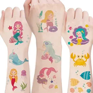 Under The Sea Mermaid Temporary Tattoos for kids,100 Iridescent Foil Styles Birthday Party Supplies, Sea Creatures Favors, Ocean Animal, Underwater Arts and Crafts, Boys Girls Activity