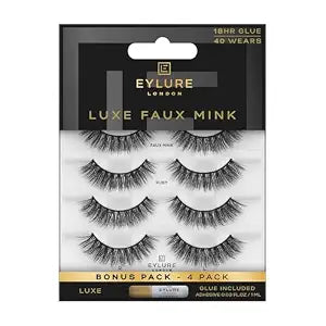 Eylure Luxe Faux Mink Ruby Eyelashes, Reusable Strip Lashes, Silk Effect Fibers, Black, Multipack (4 Pairs)