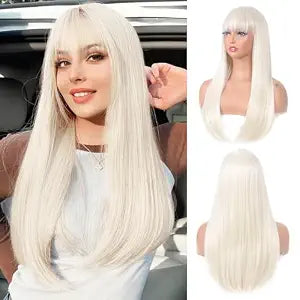 Aida ble Platinum Blonde Wig with Bangs 24inch Long Straight Wigs for Women