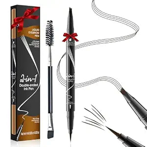 Microblading Eyebrow Pen Waterproof - Eyebrow Pencil Magical 2-in-1 Dual-Ended Eye Brow Pencils for Women with 4-Fork-Tip & Precise Brush-Tip & Eyebrow Brush, Natural Hair Like Strokes (Dark Brown)