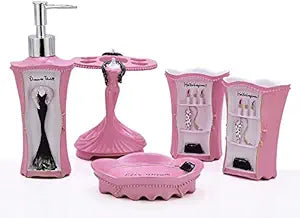 5 Piece Bathroom Accessories Set, Collection Bath Set Features Soap Dispenser, Toothbrush Holder, Tumbler, & Soap Dish (Pink)