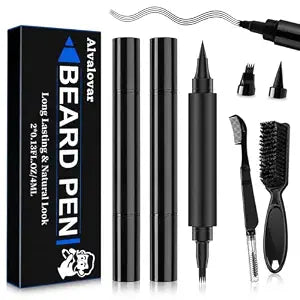 4 Pack Black Beard Pencil Filler for Men – Waterproof Beard Pen Kit with Large Beard Brush & Dual-Ended Brush, Beard Color Filler for Patchy Beard, Mustache & Hairline Grooming