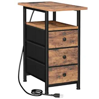 AMHANCIBLE End Tables Living Room with Charging Station, Narrow Side Table with USB Ports and Outlets, Slim Nightstand with 3 Fabric Drawers for Bedroom, Small Space, Rustic Brown, HETN013BR-1