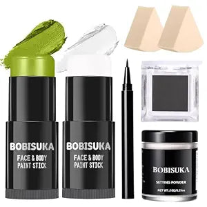 BOBISUKA Light Green & White Face Body Paint Stick Kit with Black Eyeshadow, Black Liquid Eyeliner, Setting Powder & 2 Sponges ï¿½ï¿½ï¿½ï¿½ï¿½ï¿½ï¿½ï¿½ï¿½ Halloween Cosplay Makeup Set for Witch, Beetl