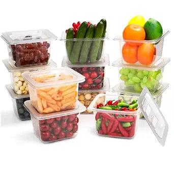 VOISEN 12 Pack Plastic Food Pan with Lids 1/6 Size 4 Inch Deep Commercial Food Storage Containers for Fridge Salad Fruits Vegetables Clear Restaurant Polycarbonate