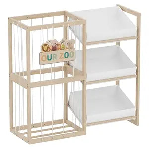 Wooden Toy Storage Organizer with Elastic Bands, Easy to Assemble and Use, Large Capacity Toy Bin Organizer for Nursery Playroom Bedroom, Adorable and Practical Design