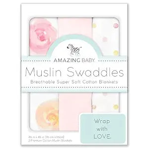 Amazing Baby Muslin Swaddle Blankets for Baby Girls, Newborn Receiving Blanket, 100% Cotton Baby Swaddle Wrap, Set of 3, XLarge 46x46 inches, Watercolor Bliss, Pink