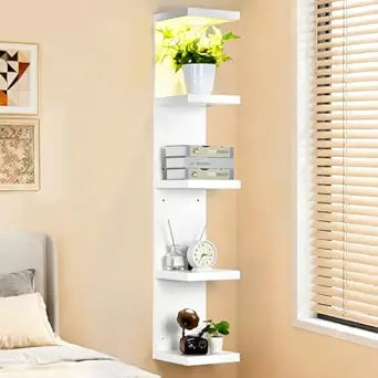 LinTimes 5-Tier LED Wall Shelf with Remote Control, White Floating Shelves Unit, Wall Mounted Display Storage