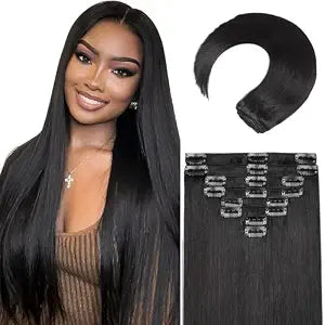 Clip in Hair Extensions Real Human Hair, 20 Inch 8Pcs 105g, 1B Black