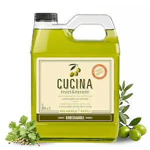 Cucina Fruits & Passion Hand Soap Refill – Coriander & Olive Tree – 1 Liter (33.8 fl oz) – Olive Oil Enriched Kitchen Hand Soap – Biodegradable Formula – Vegan – Made in Canada