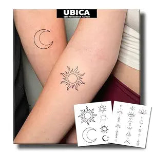 Semi Permanent Tattoo, Sun & Moon Minimalist Fine Line Small Temporary Tattoos for Balance & Duality, 2 Sheets, Lasts 1ï¿½ï¿½ï¿½2 Weeks, Waterproof & Non-Refl