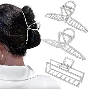 3pcs Hair Claw clips for Women, Metal Silver Large Hair clips for Thick Thin Hair, Geometric Cross Square Jumbo Catch Barrette Clamps, Fashion Hair Accessories Nonslip Hairgrip