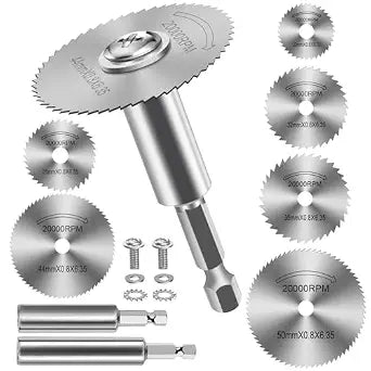 FOTYBEl Cutting Wheel for Drill, Rotary Tool Cutting Discs with 6pcs Steel Saw Blades, 2pc 1/4" Hex Short Shank and Long Shank, Power Rotary Tool Accessories for Cutting PVC Pipe Wood Plastic Metal