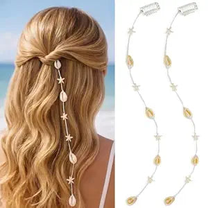 Seashells Starfish Hair Clip Chain with Tassel, Boho Hair Charms Jewelry