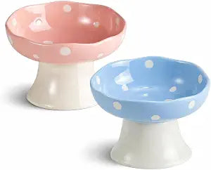 Pink and Blue Mushroom Cat Bowl Set, Elevated Ceramic Bowls for Cats | Cute Design, Elevated, Ceramic, Whisker Friendly, Dishwasher Safe