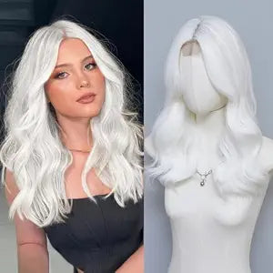 MORICA White Wigs for Women, 18 Inch Wavy Middle Part Synthetic Wig