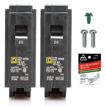Genuine Square D HOM120 Circuit Breaker (2 Pack) Kit Bundle, 20 Amp (20A) Single Pole, 120V, 10kAIC, UL Listed, Plug-On for Homeline Load Centers & Panel Box, New Replacement