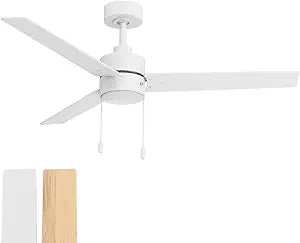 Heritage 52in 3-Blade Pull Chain Ceiling Fan 2700K-3000K-4000K-5000K-6000K CCT Selectable LED Light Kit with White Hardware with Reversible Blades in Natural Wood or White