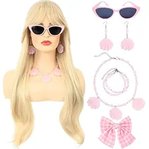 morvally Long Blonde Wig with Bangs for Women Wavy Synthetic Hair Wigs Cosplay Costume Halloween Party Daily Wear Including Shell Necklace Bracelets Earrings Sunglasses and Bow Hair Clip