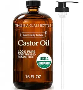 Essentially KateS Castor Oil 16 Fl Oz (Glass Bottle) - 100% Cold Pressed - USDA Organic Certified - Skin Care, Nail Care, Hair Care and Body Care