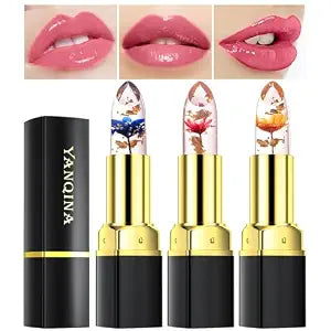 3Pcs Clear Color Jelly Lipstick,Crystal Jelly Flower Color Changing Lipstick Set, Moisturizer Korean Lip Balm,Color Changing Flower Lip Gloss,Covering Lip Lines