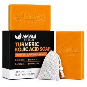 AMVital Turmeric Kojic Acid Soap Bars with Vitamin C, Retinol & Hyaluronic Acid – Face & Body Soap with Collagen & Shea Butter – 2-Pack Cleansing Bars for All Skin Types