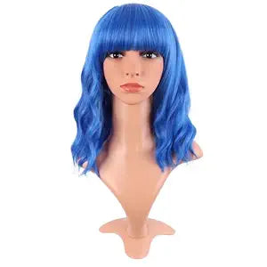 MapofBeauty 14 Inch Short Curly Women Flat Bangs Bob Wig, Blue