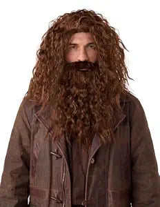 Spooktacular Creations Halloween Brown Wizard Curly Wig with Beard, Long Brown Funny Father Time Costume Accessory for Men, Adults Cosplay Party and Dress Party Christmas Accessories