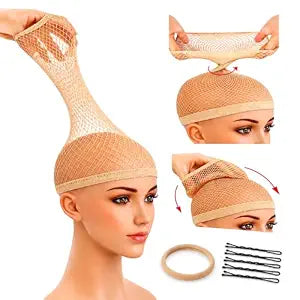 Wig Cap for Long Hair, 2 Large Mesh Hair Nets, Light Brown, 8 Pc Set