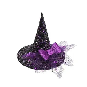 YanJie Halloween Hair Clips for Girls Mini Witches Hat Glitter Hair Bow 3‘’ Witch Hats with Purple Baby Bow Halloween Hair Accessories