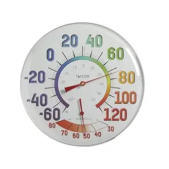 Taylor Metal Wall Indoor Outdoor Thermometer and Hygrometer, Easy to Read Numbers for Patio, Pool, and Indoor Areas, 12 inch, Multi