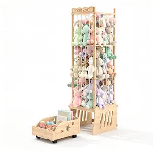 Stuffed Animal Storage, Wooden Zoo Toy Organizer with Ride-On Drawer and Locking Casters, Large Capacity Plush Toy Storage for Playroom Bedroom Nursery, Space-Saving Kids Storage Organizer for Toddler