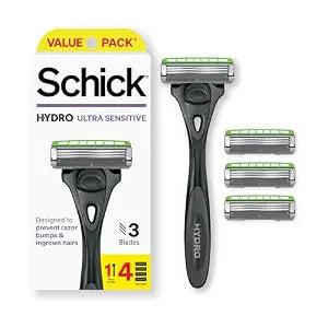 Schick Hydro Ultra Sensitive 3-Blade Razors for Men, 1 Handle & 4 Refills
