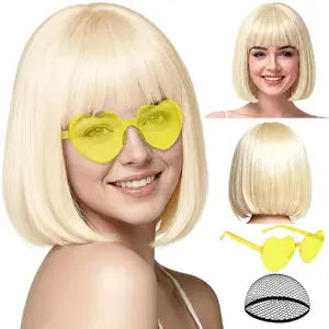 PLULON Blonde Short Bob Wig with Bangs for Women, Colorful Neon Short Bob Synthetic Hair Wigs with Hair Cap Heart Sunglasses for Girls Daily Bachelorette Halloween Costume Party Supplies