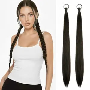 2 PCS Black Brown Ponytail Extension with Hair Tie DIY Braided Ponytail Extension Warp Around Yaki Straight Sleek Hairpieces Light and Soft Fluffy Stayle Ponytail for Women Daily Party Use