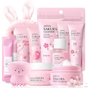 Skincare Kit Sakura Teen Girls Gifts - Skin Care Set Travel Size Toiletries - Sakura Skin Care for Teens 10-12 Hydrating - Teen Facial Kit Gift Set for Women with Bunny Headband（11PCS）