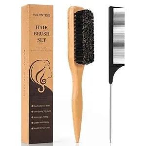 Boar Bristle Slick Back Hair Brush, Teasing Hair Brush with Black Carbon Fiber and Stainless Steel Tail Comb, Slick Hair Brush Set for Parting and Sectioning, Suitable for All Styling