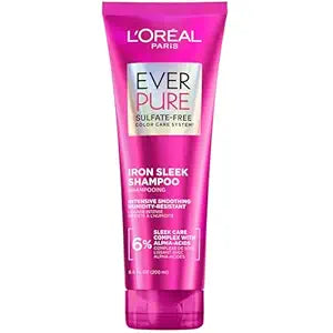 L'Oreal Paris Sulfate Free Iron Sleek Smoothing Shampoo, Frizz Control and Humidity-Resistant Formula with Alpha-Acids for Frizzy Hair, Suitable for Color-Treated Hair, EverPure, 6.8 Fl Oz