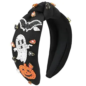 Halloween Jeweled Headbands for Women Beaded Pumpkin Ghost Bat Headband Sparkly Rhinestone Knotted Headband Cute Halloween Costume Headpiece Hair Accessories